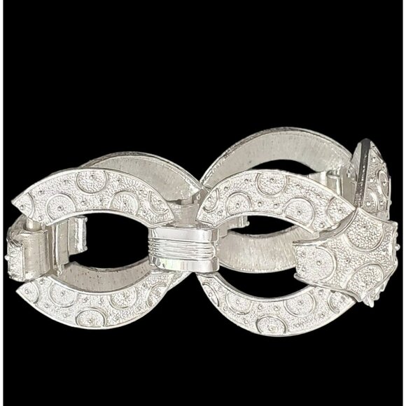 Crown Trifari Bracelet Silver Tone Circles Oval Textured Chunky Wide Links VTG - Picture 6 of 11